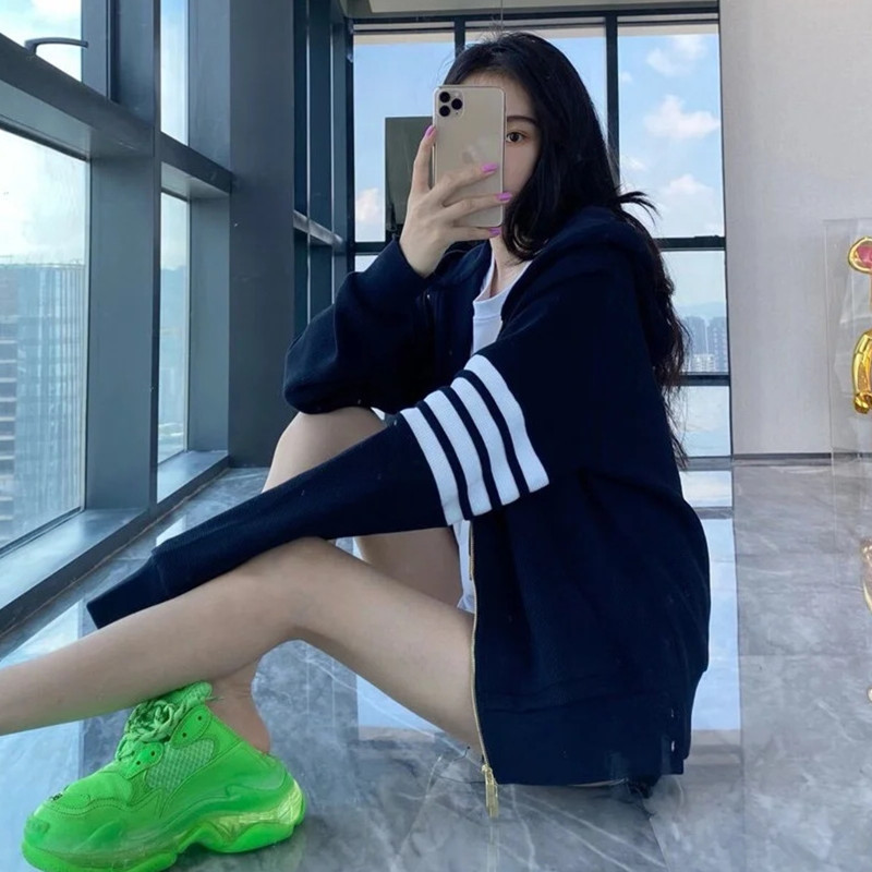 TB华夫格连帽拉链外套女宽松开衫卫衣潮今年流行2025春秋新款穿搭