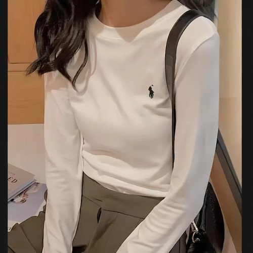 小马刺绣白色长袖t恤2025新款