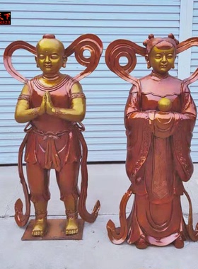 纯铜金童玉女童男童女一对善财童子龙女像家居装饰工艺礼品摆件