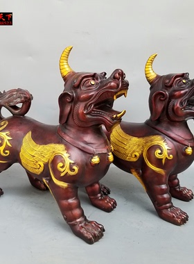 黄铜貔貅一对独角兽天禄兽皮丘瑞兽鎏金彩绘铜貔貅铜器摆件定做