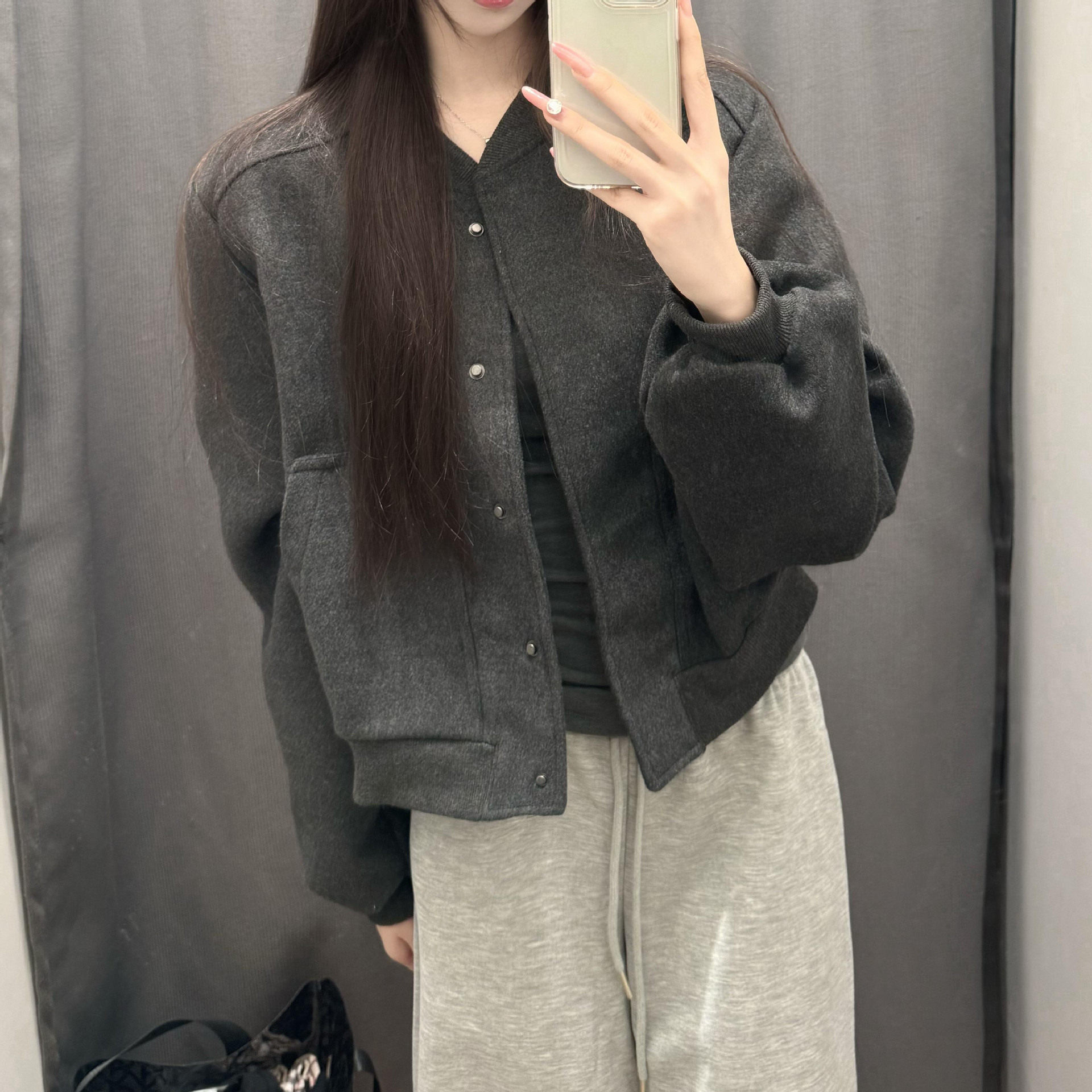 复古灰色短款棒球服外套女秋季新短外套