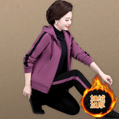 中老年妈妈卫衣加绒运动套装女