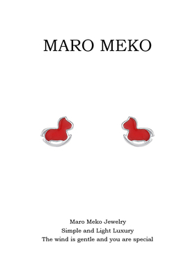 s999足银可爱红色木马纯银耳钉小巧精致生肖马过年耳饰马年耳夹女