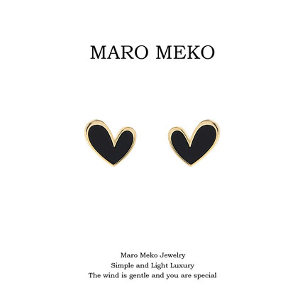 Maro Meko2024新款黑色爱心精致耳钉轻奢高级感气质大气耳饰耳夹