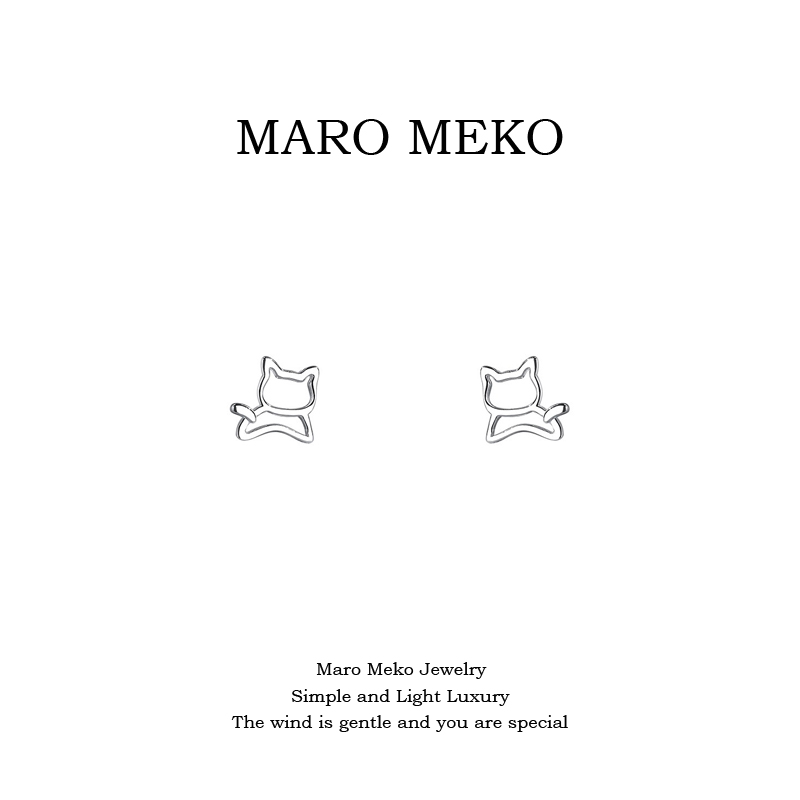 s925银可爱镂空小猫耳钉女纯银