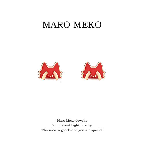 MaroMeko红色可爱招财猫耳钉