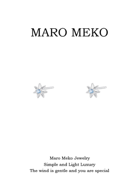 s999足银蓝色七芒星纯银耳钉简约小巧精致日常星星耳饰耳夹银饰女