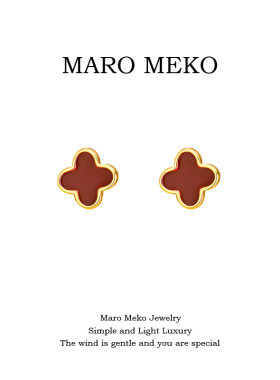 MaroMeko酒红色四叶草耳钉