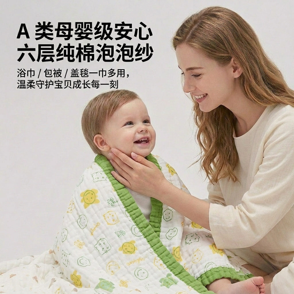 纱布浴巾婴幼儿a类6层新生儿全棉婴儿抱被 盖毯儿童浴巾纯棉童被