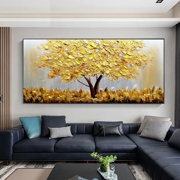 纯手绘油画现代横版客厅装饰画轻奢黄金发财树卧室沙发背景墙挂画