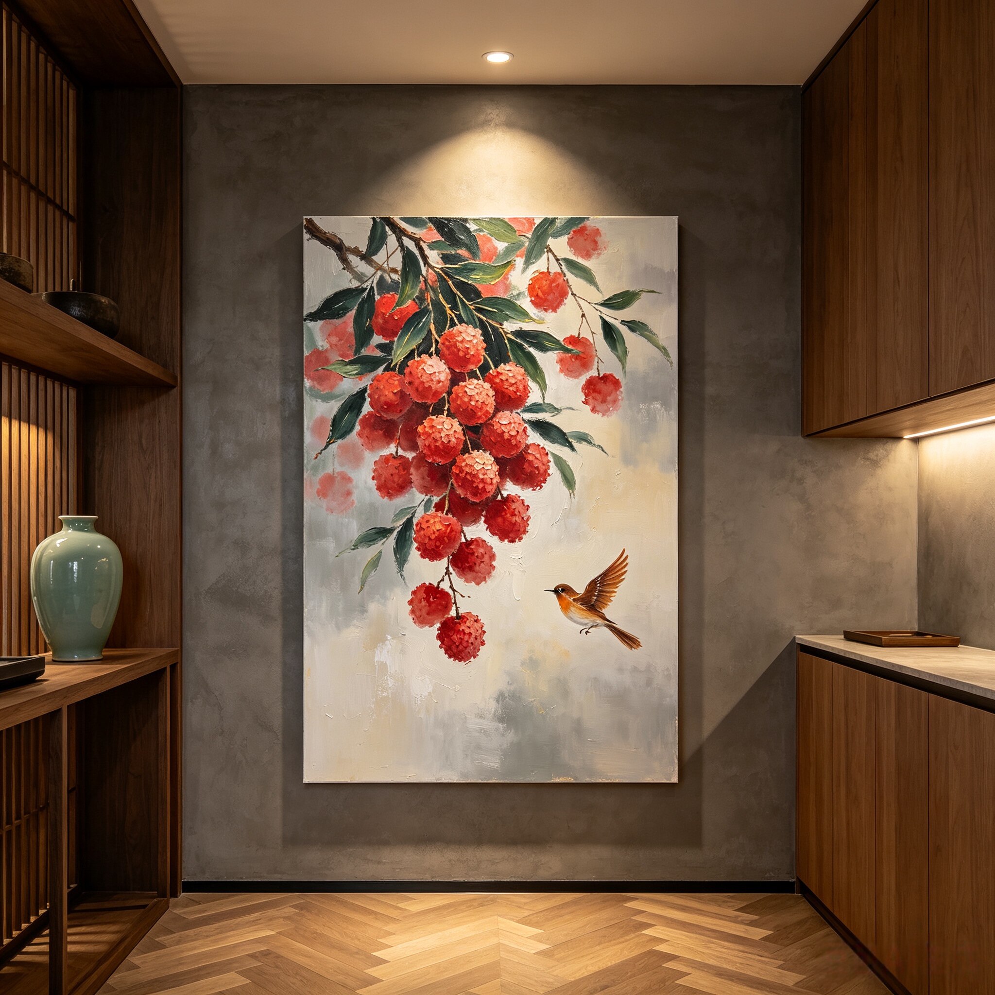 原创大芬村手绘油画荔枝小鸟新中式玄关装饰画带框简约现代植物系