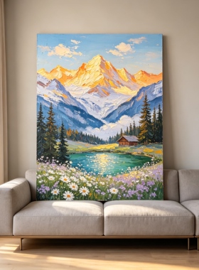 原创大芬村手绘风景油画客厅装饰画日照金山挂画玄关中古风山水画