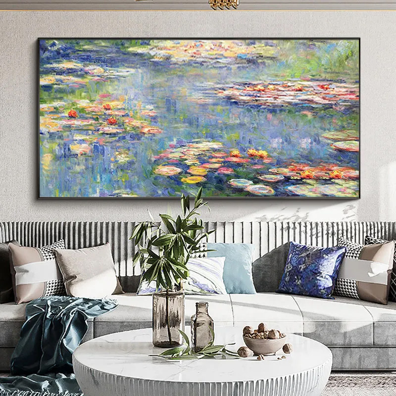 手绘油画世界名画莫奈睡莲现代客餐厅挂画横版走廊过道玄关装饰画