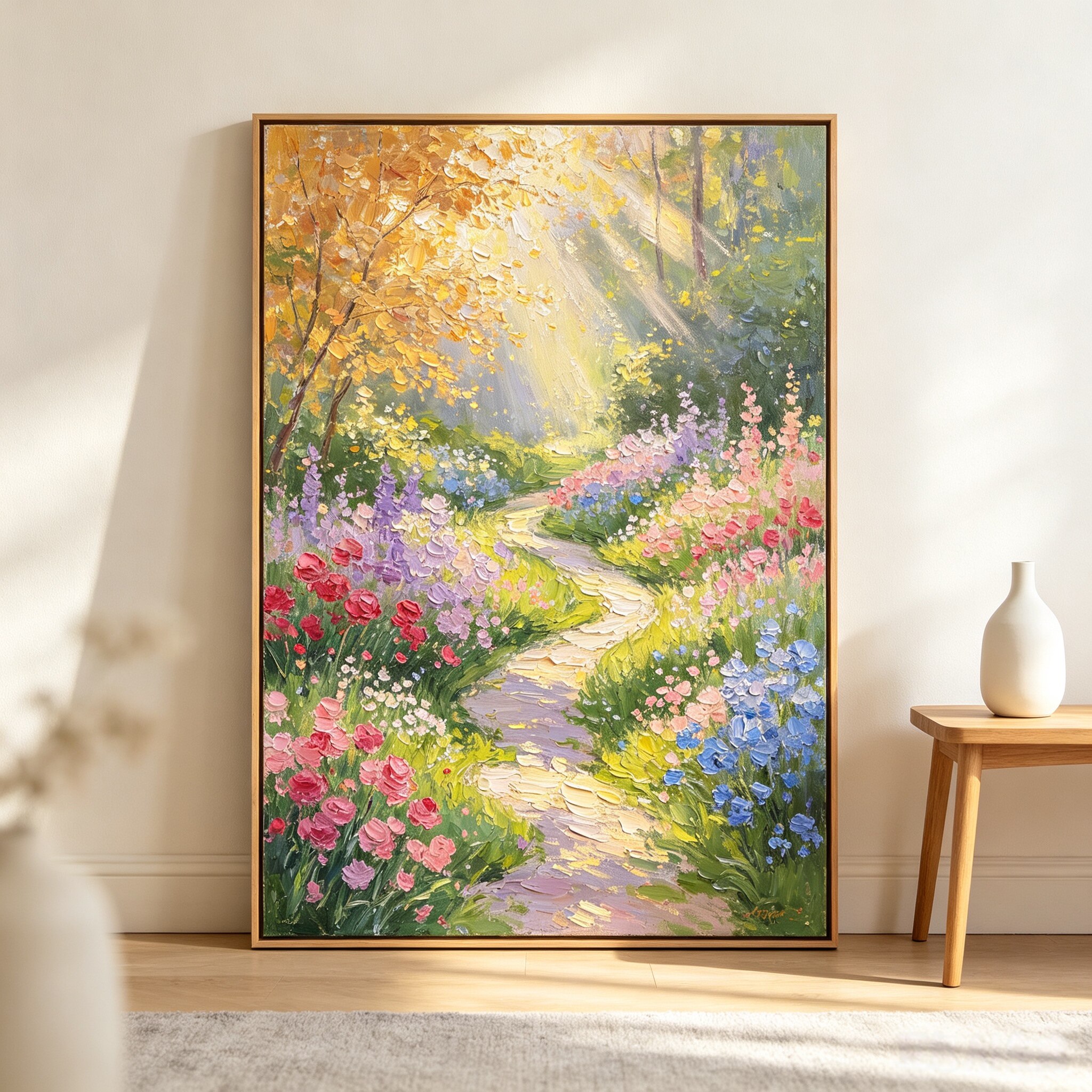 原创大芬村手绘油画田园风景花卉小路装饰画玄关挂画客厅挂画肌理