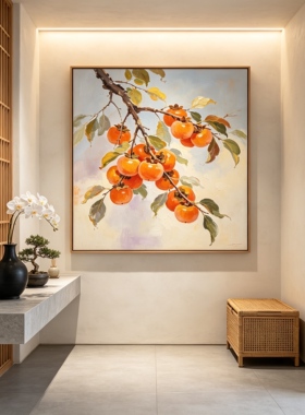 原创大芬村手绘油画柿子水果主题玄关装饰画中古风带框画艺术感