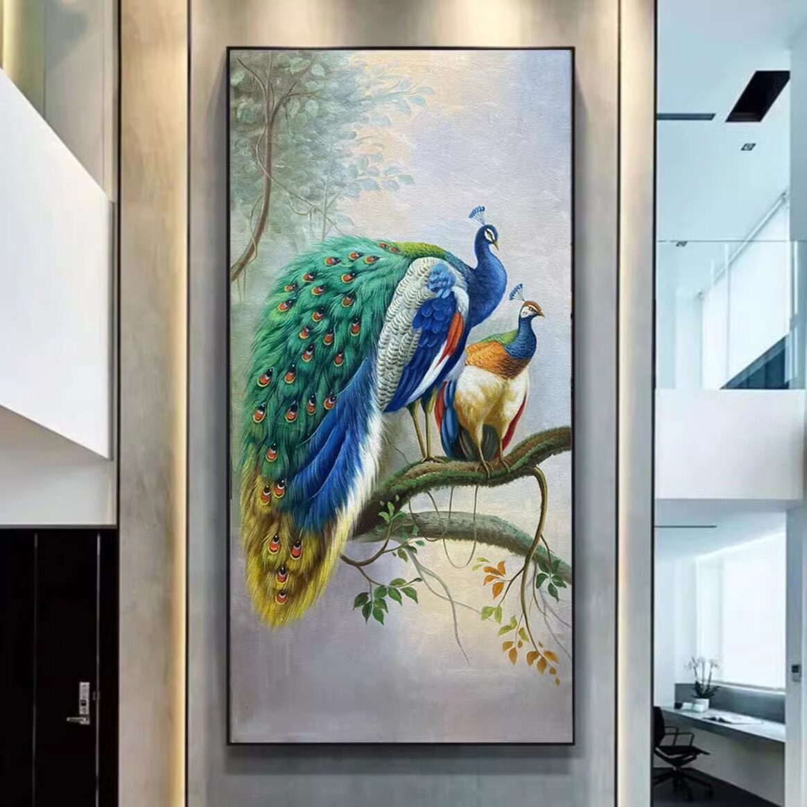 纯手绘孔雀油画玄关走走