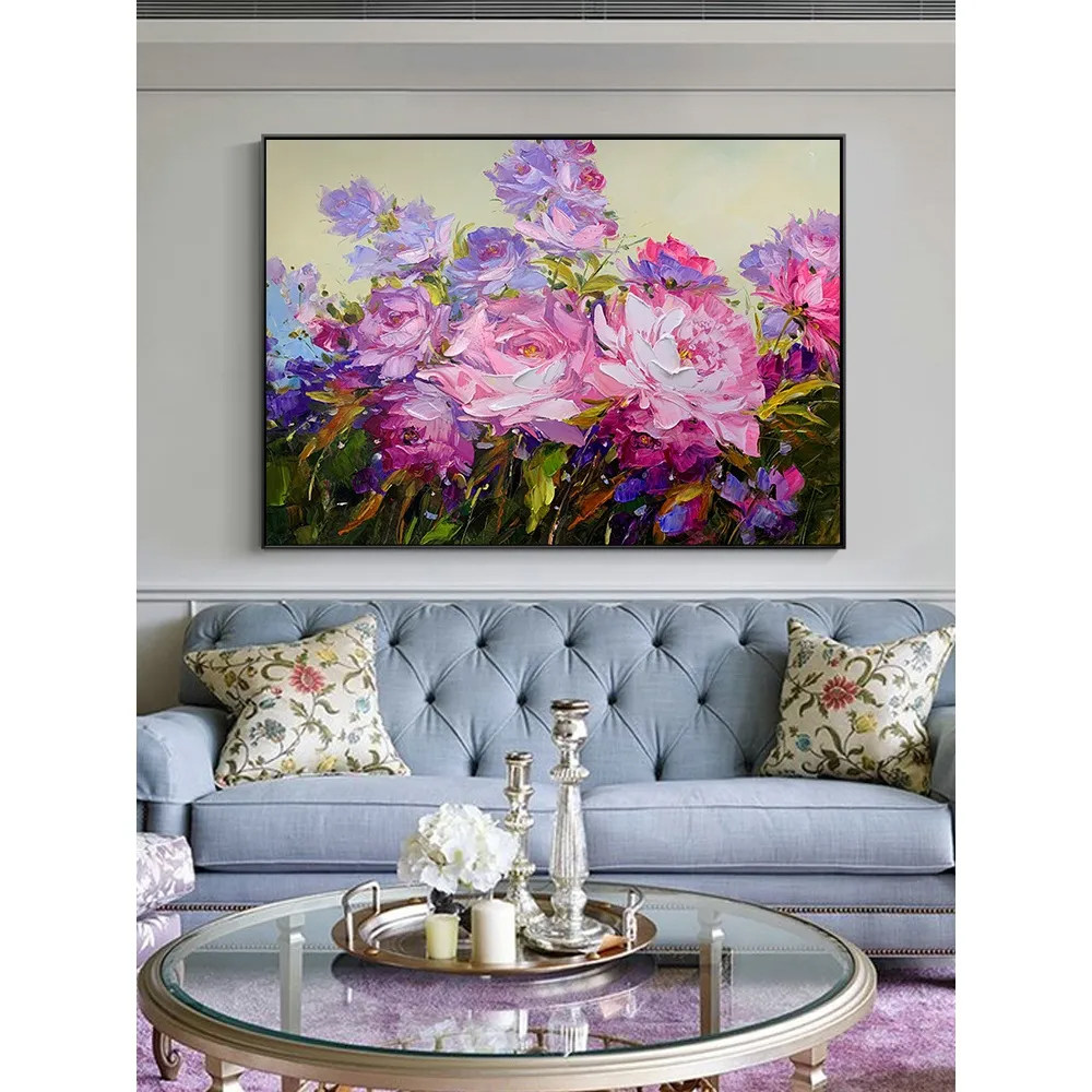 纯手绘油画现代简约轻奢田园风花卉牡丹挂画客厅沙发背景墙装饰画