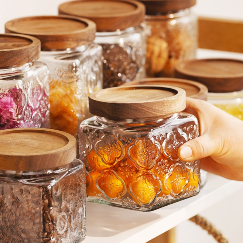 复古浮雕玻璃密封罐方形储物瓶零食干果收纳罐厨房家用玻璃罐子