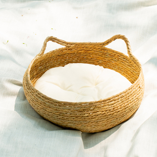 猫窝自然草编藤编收纳筐收纳篮日系猫咪宠物草窝ins四季凉窝垫子