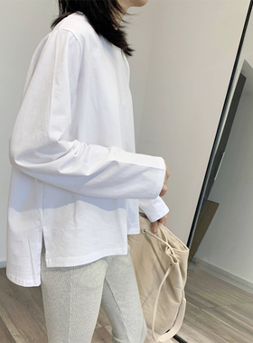 纯白色长袖t恤女棉质基础内搭外穿秋冬侧边开叉打底衫大码秋衣女