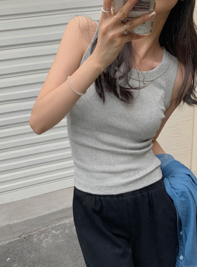 螺纹弹力小吊带背心女短款修身显瘦内搭外穿休闲运动灰色无袖T恤