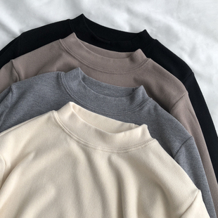 显瘦半高领内搭打底衫女加绒秋季螺纹长袖t恤女洋气修身上衣