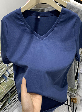 蓝色V领短袖女棉质宽松显瘦2022新款简约纯色正肩T恤女夏休闲大码