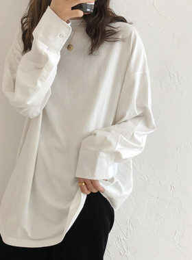 新款棉质圆领打底上衣潮白色T恤女中长款拼接衬衫袖宽松长袖体恤