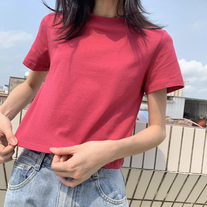 高腰上衣女夏装短款小个子露脐纯色短袖t恤2022新款韩版棉质修身