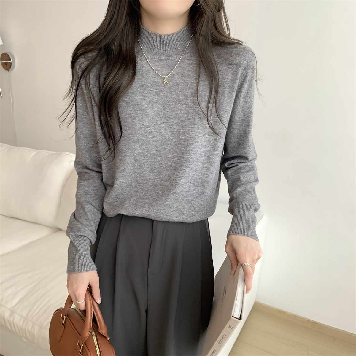 muco 秋冬韩版宽松半高领百搭纯色内搭安迪绒针织打底女毛衣