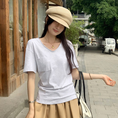 韩系chic简约白色V领短袖T恤女夏季2026新款纯棉宽松显瘦百搭上衣