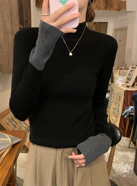 撞色半高领针织毛衣女2023秋冬高级感修身洋气内搭上衣黑色打底衫