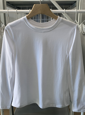 基础款圆领白色长袖t恤女小个子棉质修身显瘦内搭打底衫简约上衣