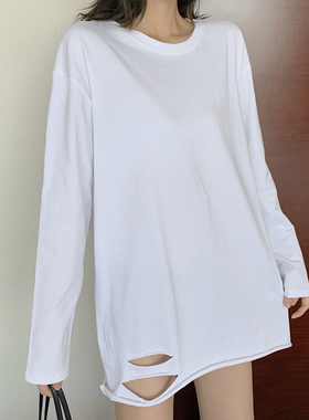 t恤女长袖打底中长款纯白内搭下破洞单穿上衣百搭t恤棉质加绒德绒