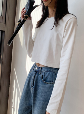 纯白色长袖T恤女外穿内搭棉质打底衫上衣修身短款洋气棉体恤早秋