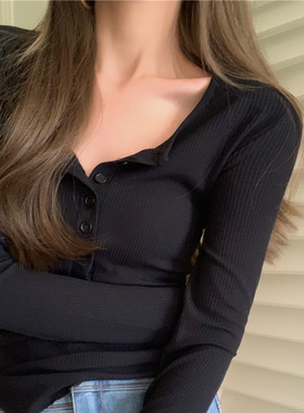 正肩体恤长袖t恤女黑色打底衫女秋季款内搭修身显瘦辣妹v领上衣潮