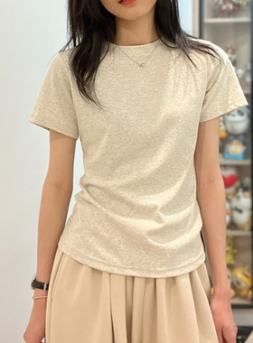 棉质短袖t恤女正肩修身打底衫内搭2025春夏季半袖灰色圆领上衣女