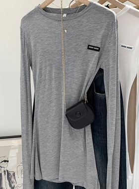 薄款微透长袖罩衫t恤女春季修身小众休闲中长款上衣超显身材紧身