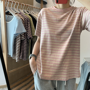 撞色圆领条纹简约棉质短袖 体恤微胖穿搭上衣 t恤女夏宽松大码 半袖