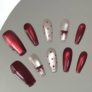 M311圣诞红宝石高级猫眼半手工穿戴甲气质显白圣诞美甲贴片可拆