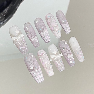 M304冰透紫星新款 可爱少女风蝴蝶结穿戴甲高级显白秋冬百搭美甲