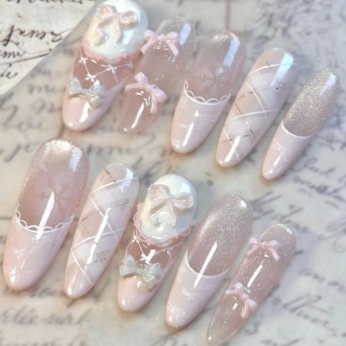 法式蝴蝶结美甲细闪拉线穿戴甲