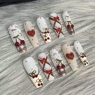 M274巧棕樱桃圣诞节半手工蝴蝶结秋冬穿戴甲高级显白蝴蝶结可爱