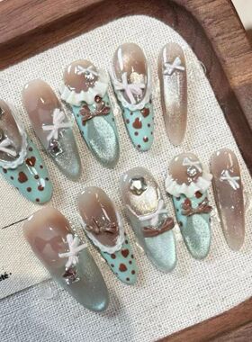 M287满糖薄巧海盐法式渐变豹纹裙边穿戴甲显白高级初秋百搭美甲