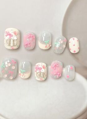 M210新款ins半手工美甲穿戴甲樱桃蝴蝶结宝贝可爱气质指甲短方圆