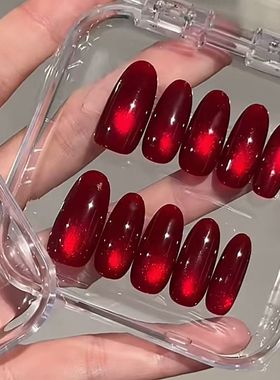 M005车厘子红新年指甲猫眼美甲显白半手工高级贴片穿戴甲可拆美甲