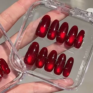 M005车厘子红新年指甲猫眼美甲显白半手工高级贴片穿戴甲可拆美甲