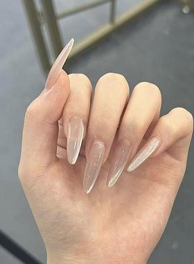 M332白月冰茶裸色长杏仁猫眼美甲ins指甲穿戴甲高级显白贴片拆