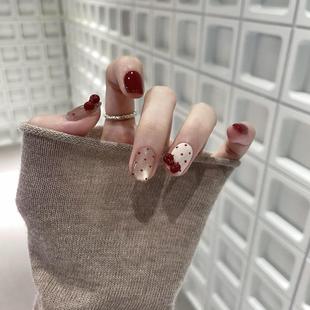 M297枫红波点kt猫半手工穿戴甲可爱可拆指甲新年显白蝴蝶结美甲