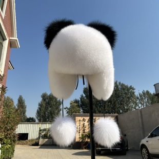可爱熊猫帽子真狐狸毛儿童皮草猫耳帽小浣熊女士百搭加厚防寒护耳